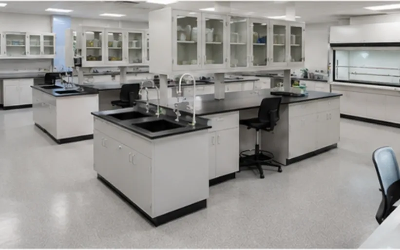 Completed laboratory fit-out with island workbenches, sinks, a fume cupboard and glass-fronted storage units