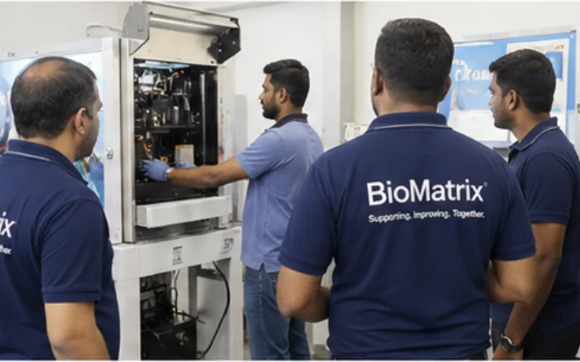 Group of service engineers watching a colleague work on a laboratory instrument during an on-site training session