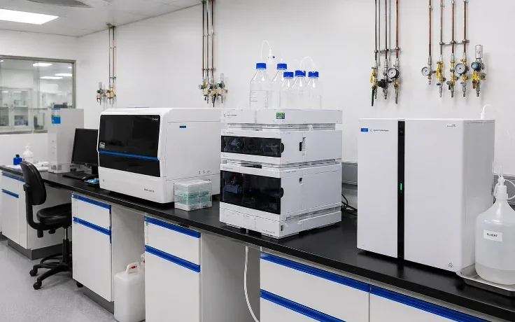 Automated analyser and liquid chromatography system installed on a laboratory bench, with gas supply lines above