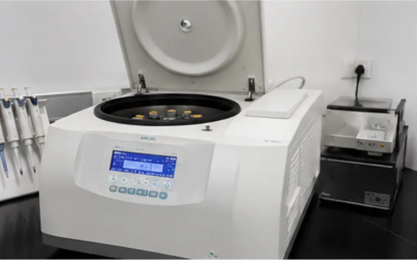 Benchtop centrifuge with its lid open beside a rack of pipettes in a research laboratory