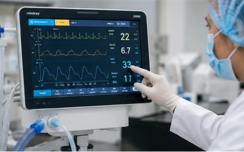 Healthcare professional in scrubs and a face mask touching the screen of a patient monitor that shows vital-sign waveforms