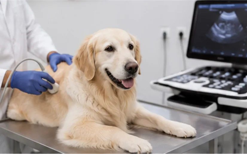 Veterinarian performing an ultrasound scan on a golden retriever lying on a stainless-steel examination table
